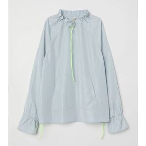 H&M Grey Neon Green Blouse Stand-Up Collar Pullover Windbreaker Drawstring 8 M